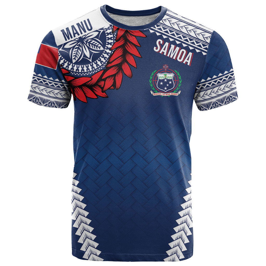 Manu Samoa Rugby Custom Navy Blue T Shirt ʻIe Toga Pattern With Red Ula fala LT7 Navy Blue - Polynesian Pride
