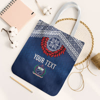 Manu Samoa Rugby Custom Navy Blue Tote Bag ʻIe Toga Pattern With Red Ula fala LT7 White Strap One Size Navy Blue - Polynesian Pride