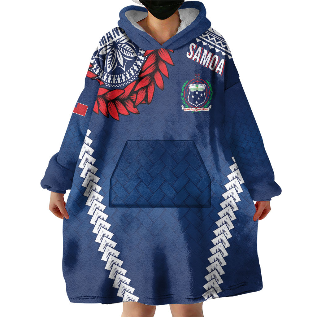 Manu Samoa Rugby Custom Navy Blue Wearable Blanket Hoodie ʻIe Toga Pattern With Red Ula fala LT7 - Polynesian Pride