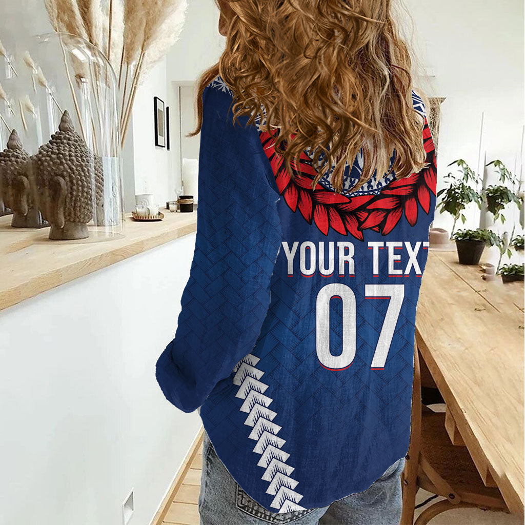 Manu Samoa Rugby Custom Navy Blue Women Casual Shirt ʻIe Toga Pattern With Red Ula fala LT7 - Polynesian Pride