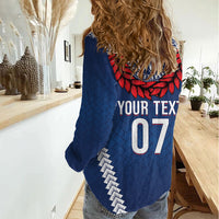 Manu Samoa Rugby Custom Navy Blue Women Casual Shirt ʻIe Toga Pattern With Red Ula fala LT7 - Polynesian Pride
