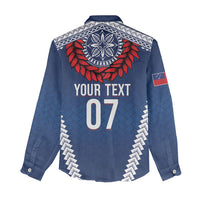 Manu Samoa Rugby Custom Navy Blue Women Casual Shirt ʻIe Toga Pattern With Red Ula fala LT7 - Polynesian Pride