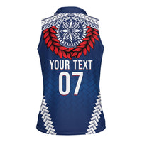 Manu Samoa Rugby Custom Navy Blue Women Sleeveless Polo Shirt ʻIe Toga Pattern With Red Ula fala LT7 - Polynesian Pride
