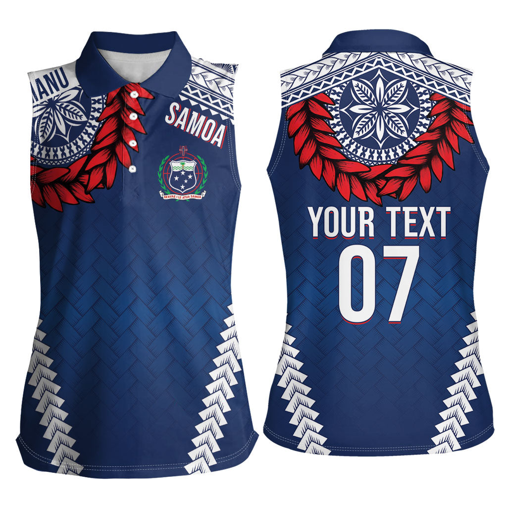 Manu Samoa Rugby Custom Navy Blue Women Sleeveless Polo Shirt ʻIe Toga Pattern With Red Ula fala LT7 - Polynesian Pride