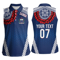 Manu Samoa Rugby Custom Navy Blue Women Sleeveless Polo Shirt ʻIe Toga Pattern With Red Ula fala LT7 - Polynesian Pride