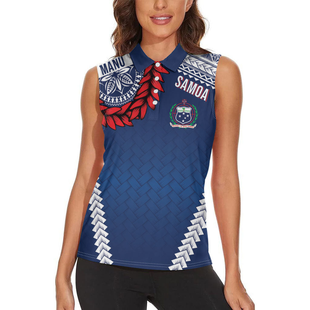 Manu Samoa Rugby Custom Navy Blue Women Sleeveless Polo Shirt ʻIe Toga Pattern With Red Ula fala LT7 - Polynesian Pride
