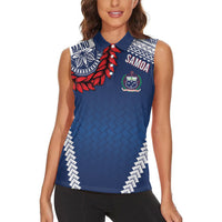 Manu Samoa Rugby Custom Navy Blue Women Sleeveless Polo Shirt ʻIe Toga Pattern With Red Ula fala LT7 - Polynesian Pride
