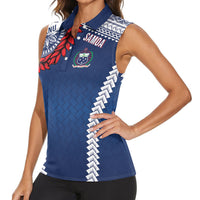 Manu Samoa Rugby Custom Navy Blue Women Sleeveless Polo Shirt ʻIe Toga Pattern With Red Ula fala LT7 - Polynesian Pride