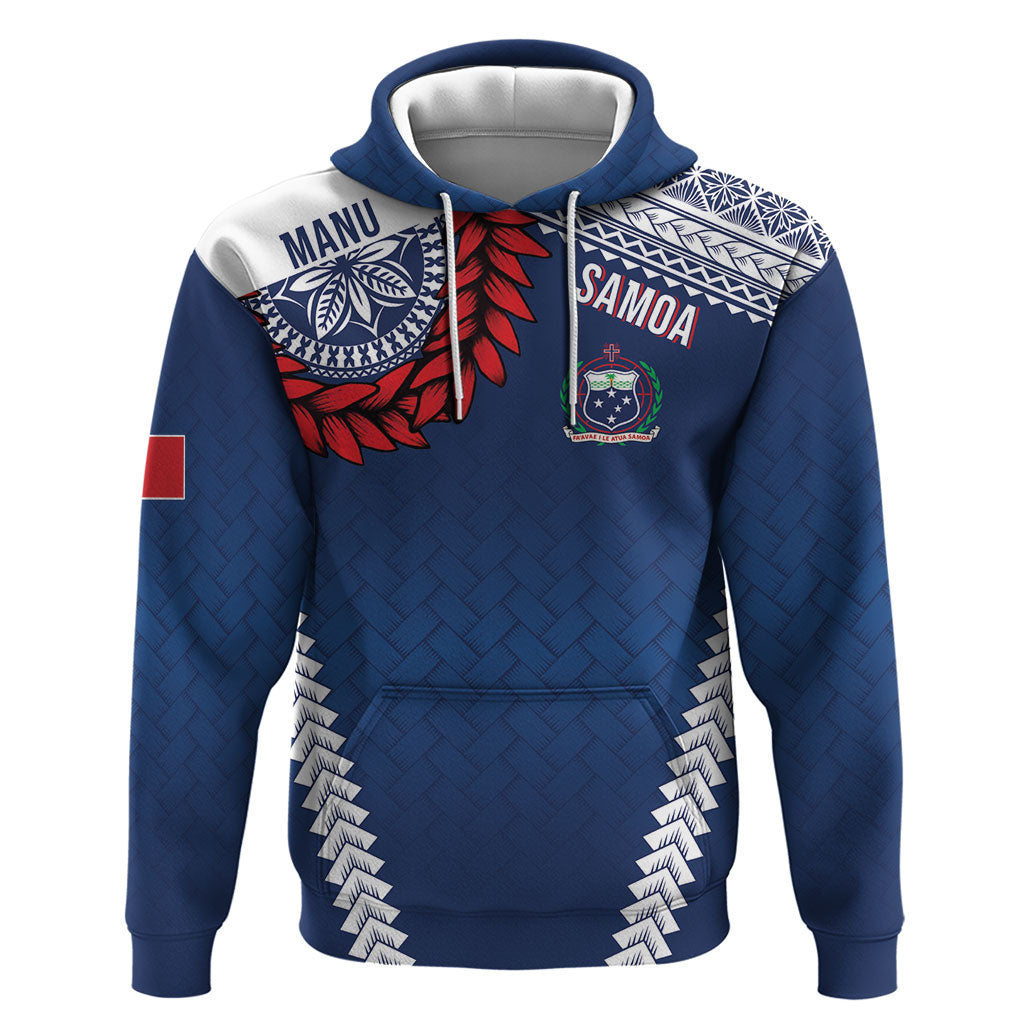 Manu Samoa Rugby Custom Navy Blue Zip Hoodie ʻIe Toga Pattern With Red Ula fala LT7 Pullover Hoodie Navy Blue - Polynesian Pride