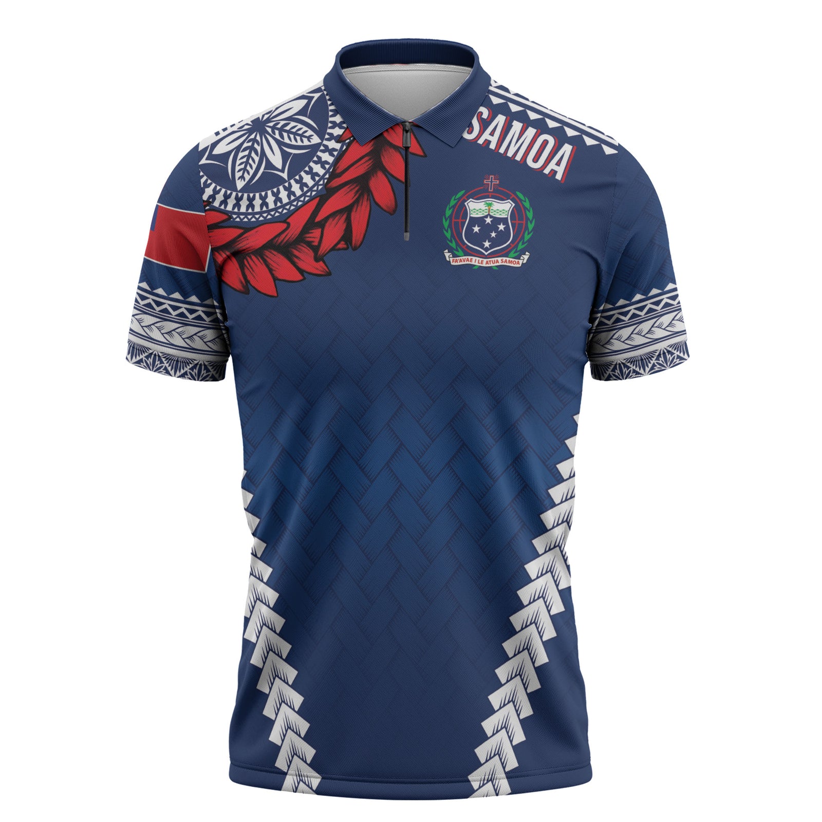Manu Samoa Rugby Custom Navy Blue Zipper Polo Shirt ʻIe Toga Pattern With Red Ula fala