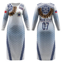 Manu Samoa Rugby Custom White Couples Matching Long Sleeve Bodycon Dress and Hawaiian Shirt ʻIe Toga Pattern With Brown Ula fala LT7 - Polynesian Pride