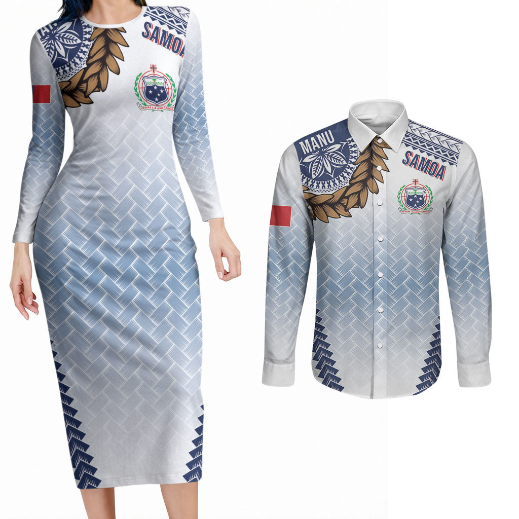 Manu Samoa Rugby Custom White Couples Matching Long Sleeve Bodycon Dress and Long Sleeve Button Shirt ʻIe Toga Pattern With Brown Ula fala