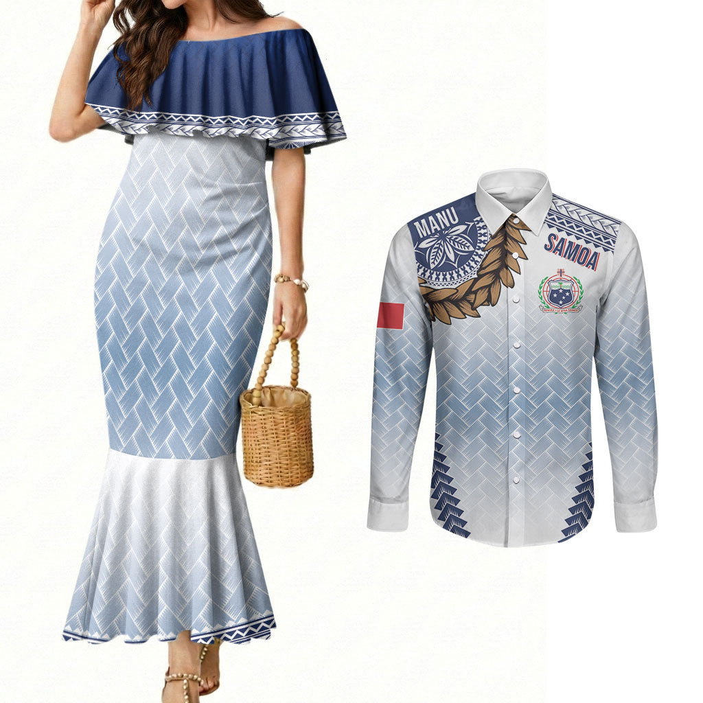 Manu Samoa Rugby Custom White Couples Matching Mermaid Dress and Long Sleeve Button Shirt ʻIe Toga Pattern With Brown Ula fala