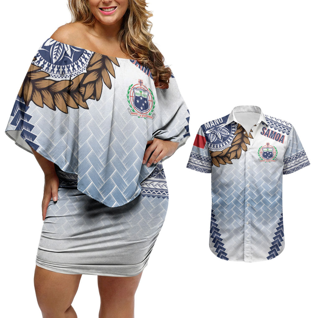 Manu Samoa Rugby Custom White Couples Matching Off Shoulder Short Dress and Hawaiian Shirt ʻIe Toga Pattern With Brown Ula fala