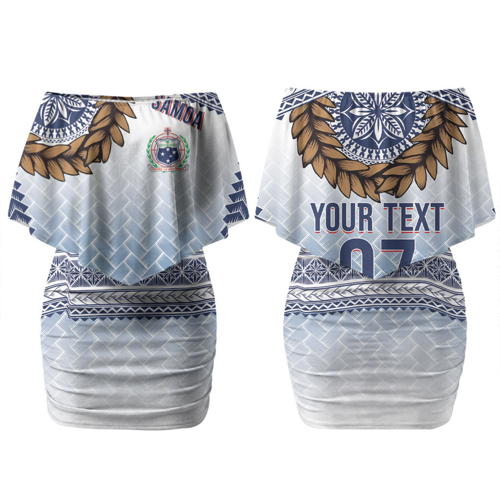 Manu Samoa Rugby Custom White Couples Matching Off Shoulder Short Dress and Hawaiian Shirt ʻIe Toga Pattern With Brown Ula fala LT7 - Polynesian Pride