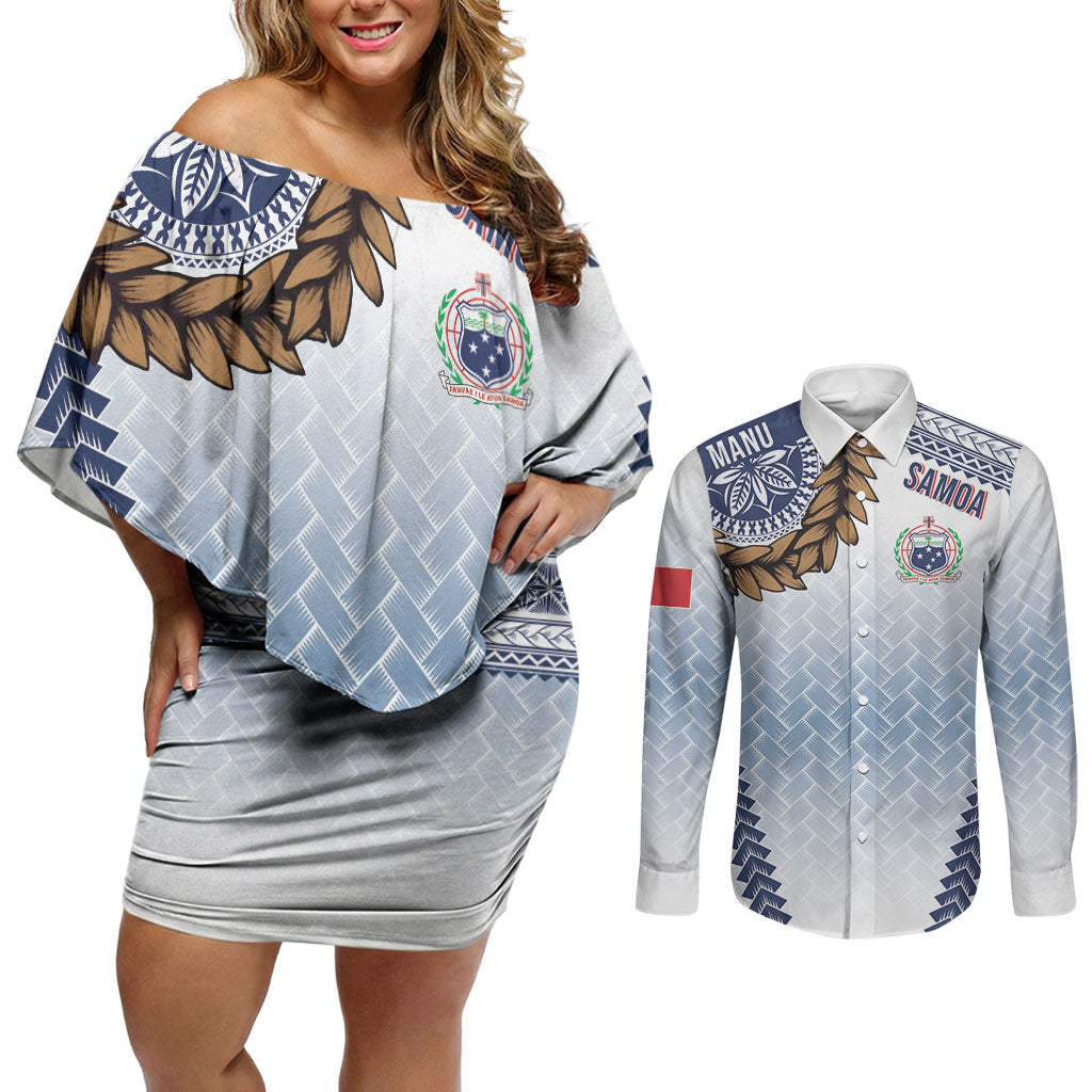 Manu Samoa Rugby Custom White Couples Matching Off Shoulder Short Dress and Long Sleeve Button Shirt ʻIe Toga Pattern With Brown Ula fala