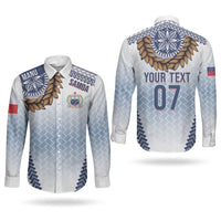 Manu Samoa Rugby Custom White Couples Matching Puletasi and Long Sleeve Button Shirt ʻIe Toga Pattern With Brown Ula fala LT7 - Polynesian Pride