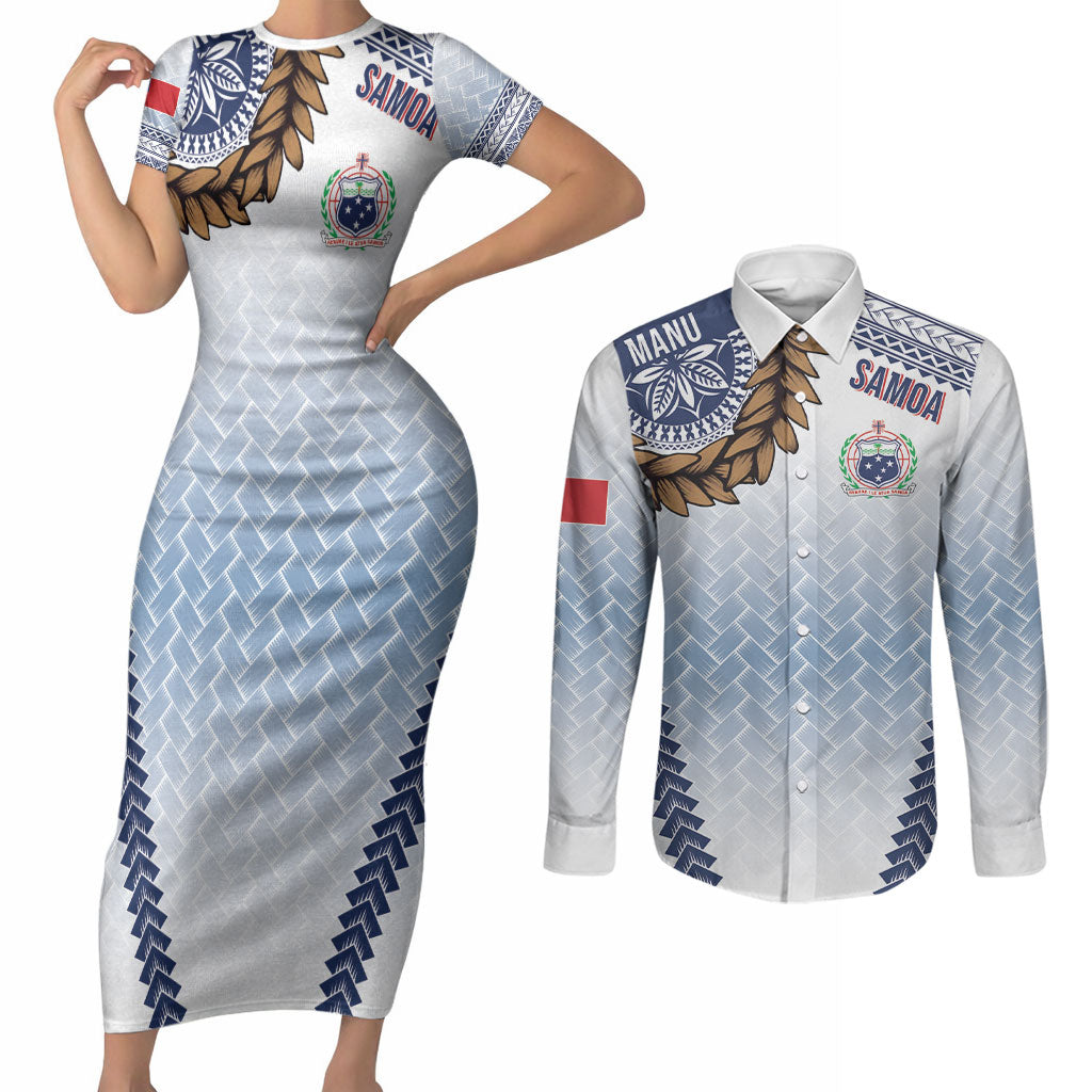 Manu Samoa Rugby Custom White Couples Matching Short Sleeve Bodycon Dress and Long Sleeve Button Shirt ʻIe Toga Pattern With Brown Ula fala