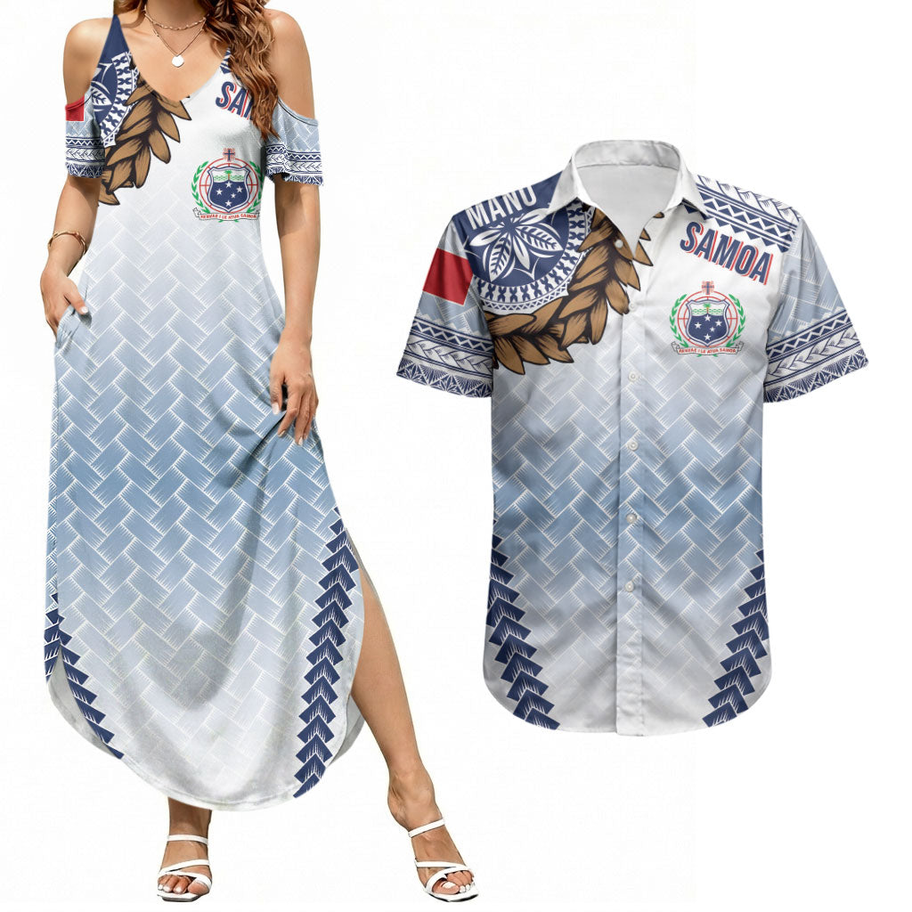 Manu Samoa Rugby Custom White Couples Matching Summer Maxi Dress and Hawaiian Shirt ʻIe Toga Pattern With Brown Ula fala