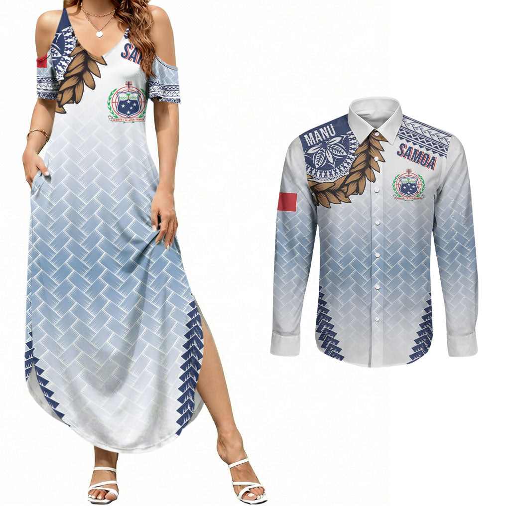 Manu Samoa Rugby Custom White Couples Matching Summer Maxi Dress and Long Sleeve Button Shirt ʻIe Toga Pattern With Brown Ula fala