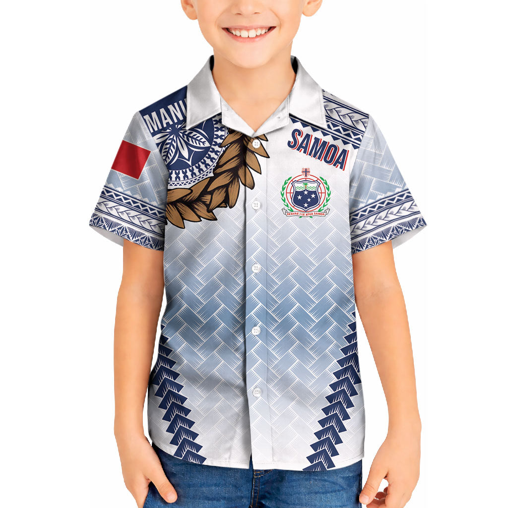 Manu Samoa Rugby Custom White Kid Hawaiian Shirt ʻIe Toga Pattern With Brown Ula fala