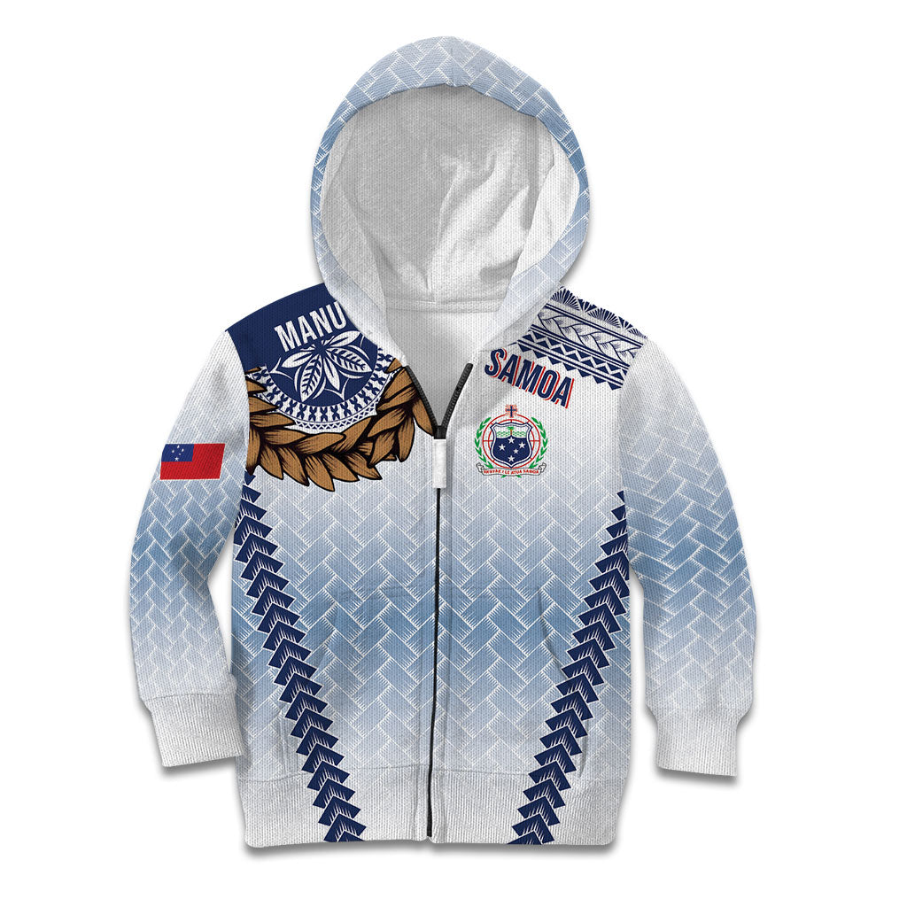 Manu Samoa Rugby Custom White Kid Hoodie ʻIe Toga Pattern With Brown Ula fala LT7 Zip Hoodie White - Polynesian Pride