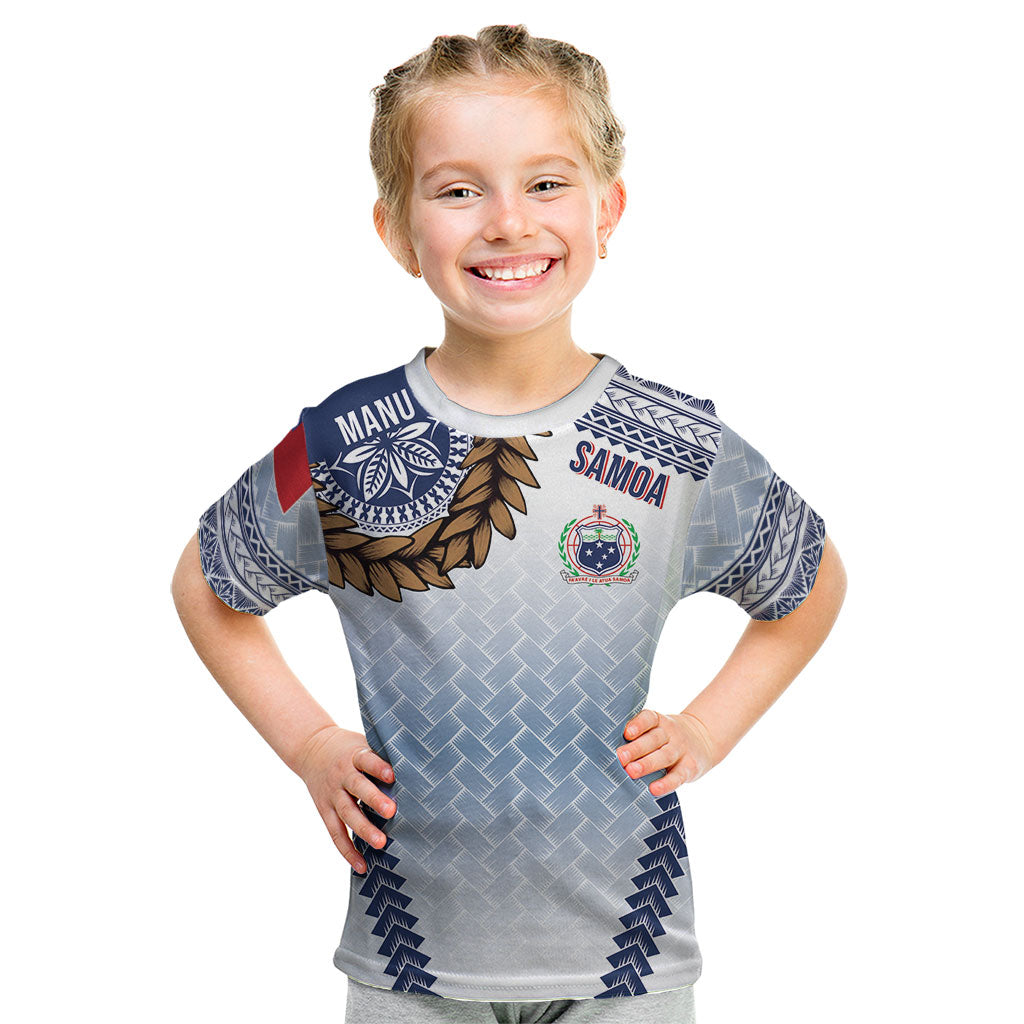 Manu Samoa Rugby Custom White Kid T Shirt ʻIe Toga Pattern With Brown Ula fala