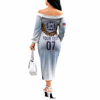 Manu Samoa Rugby Custom White Off The Shoulder Long Sleeve Dress ʻIe Toga Pattern With Brown Ula fala LT7 - Polynesian Pride
