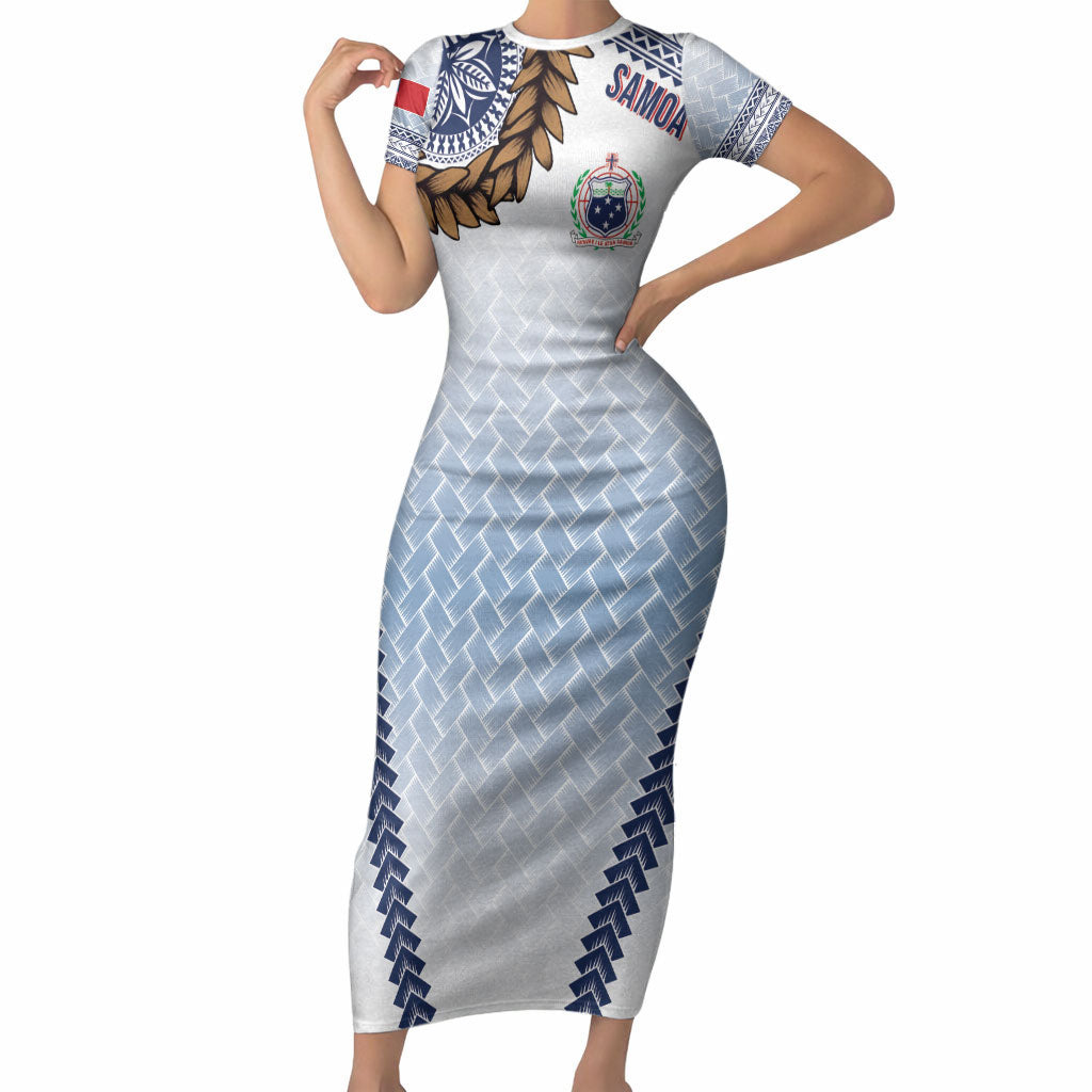 Manu Samoa Rugby Custom White Short Sleeve Bodycon Dress ʻIe Toga Pattern With Brown Ula fala