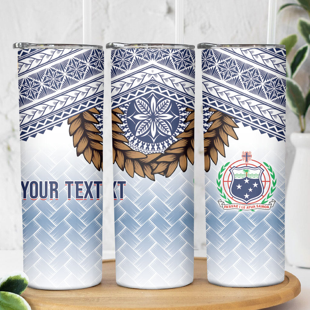 Manu Samoa Rugby Custom White Skinny Tumbler ʻIe Toga Pattern With Brown Ula fala LT7 - Polynesian Pride