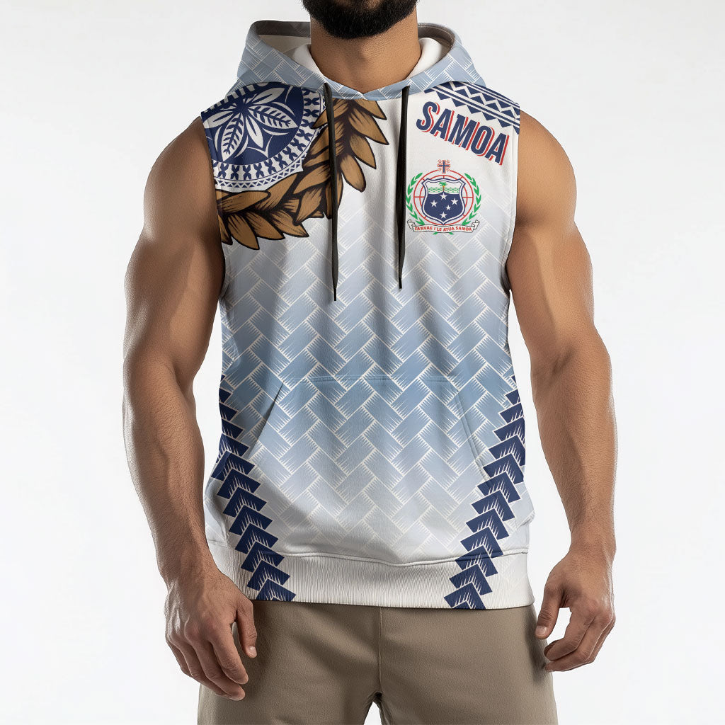 Manu Samoa Rugby Custom White Sleeveless Hoodie ʻIe Toga Pattern With Brown Ula fala LT7 - Polynesian Pride
