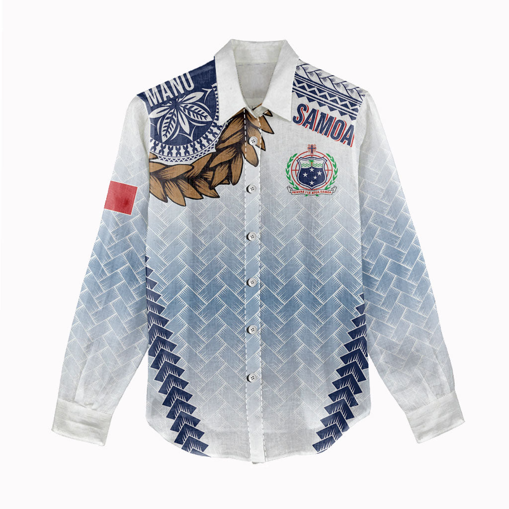 Manu Samoa Rugby Custom White Women Casual Shirt ʻIe Toga Pattern With Brown Ula fala LT7 - Polynesian Pride