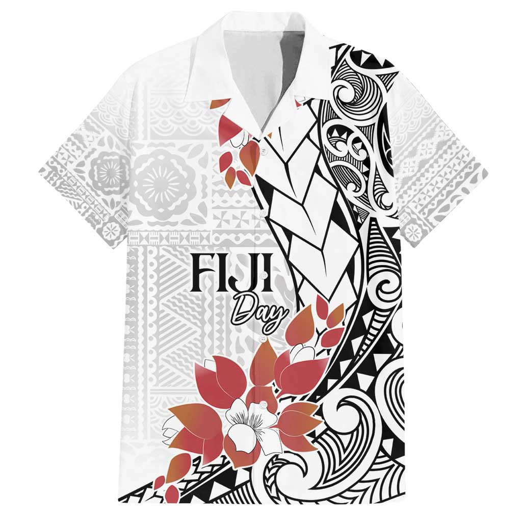 Bula Fiji Day Family Matching Long Sleeve Bodycon Dress and Hawaiian Shirt Tagimaucia on Masi Pattern LT7 Dad's Shirt - Short Sleeve White - Polynesian Pride
