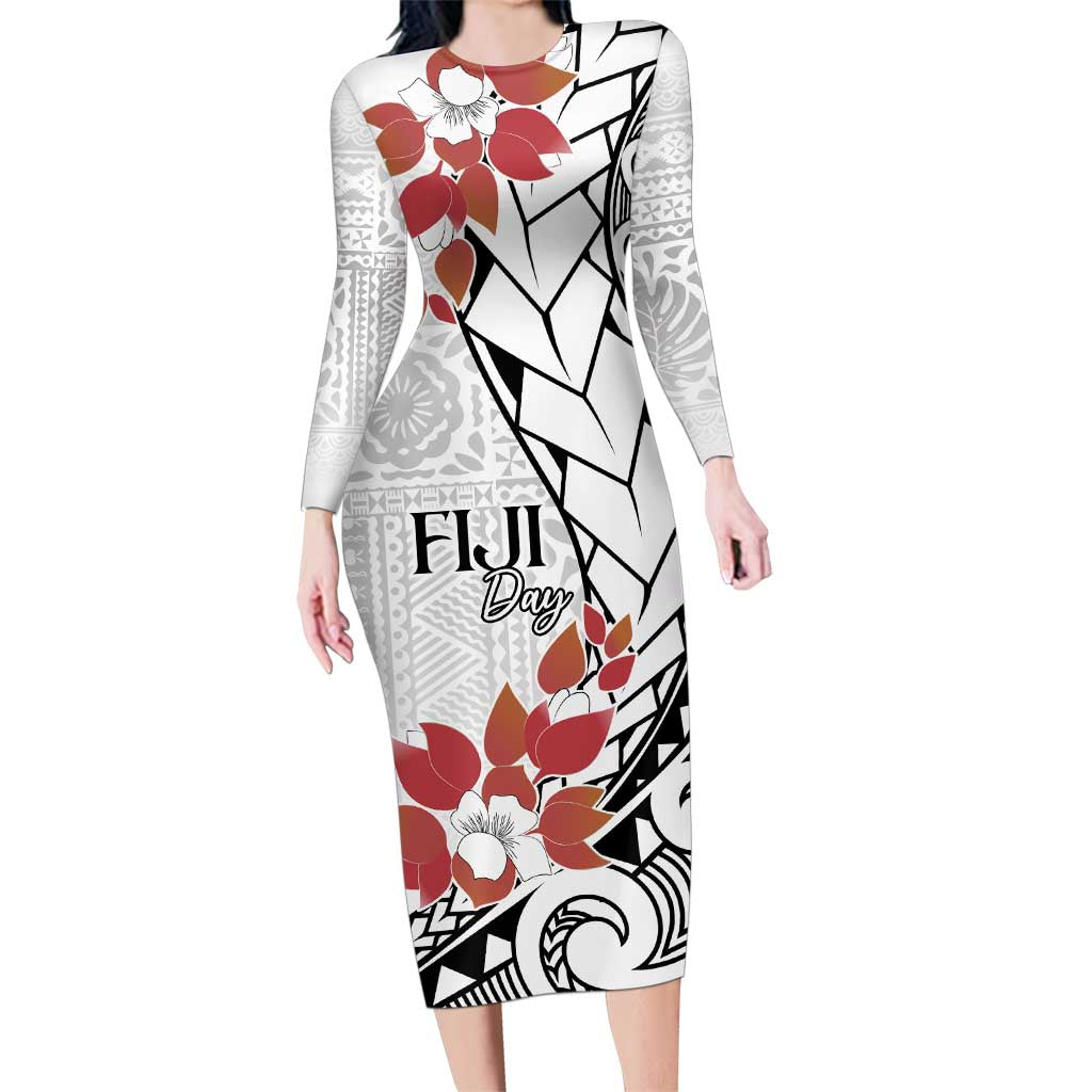 Bula Fiji Day Family Matching Long Sleeve Bodycon Dress and Hawaiian Shirt Tagimaucia on Masi Pattern LT7 Mom's Dress White - Polynesian Pride