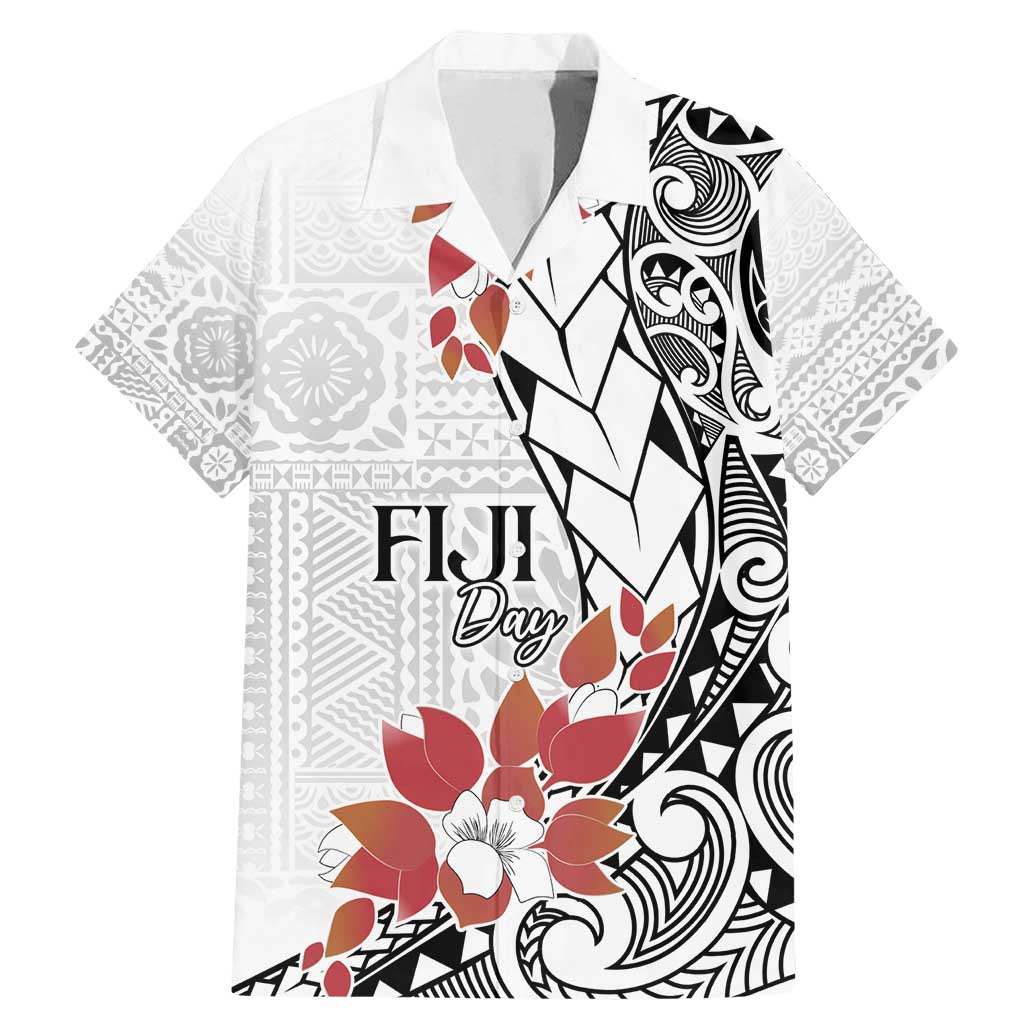 Bula Fiji Day Family Matching Mermaid Dress and Hawaiian Shirt Tagimaucia on Masi Pattern LT7 Dad's Shirt - Short Sleeve White - Polynesian Pride