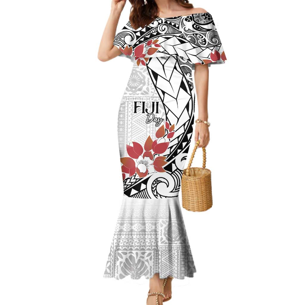 Bula Fiji Day Family Matching Mermaid Dress and Hawaiian Shirt Tagimaucia on Masi Pattern LT7 Mom's Dress White - Polynesian Pride