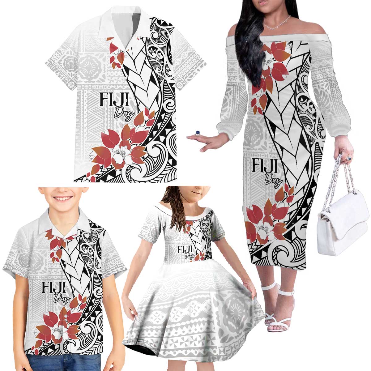 Bula Fiji Day Family Matching Off The Shoulder Long Sleeve Dress and Hawaiian Shirt Tagimaucia on Masi Pattern LT7 - Polynesian Pride