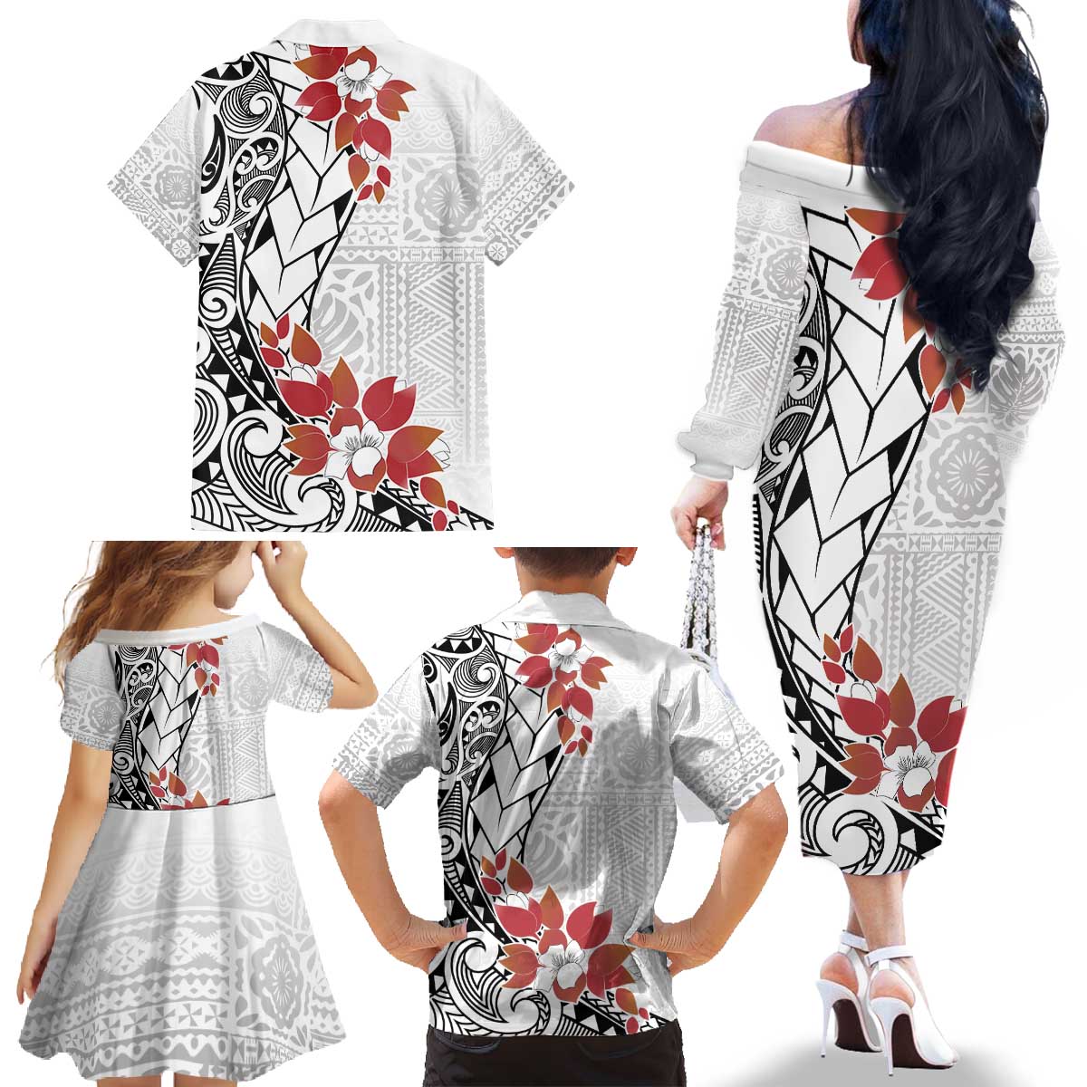 Bula Fiji Day Family Matching Off The Shoulder Long Sleeve Dress and Hawaiian Shirt Tagimaucia on Masi Pattern LT7 - Polynesian Pride