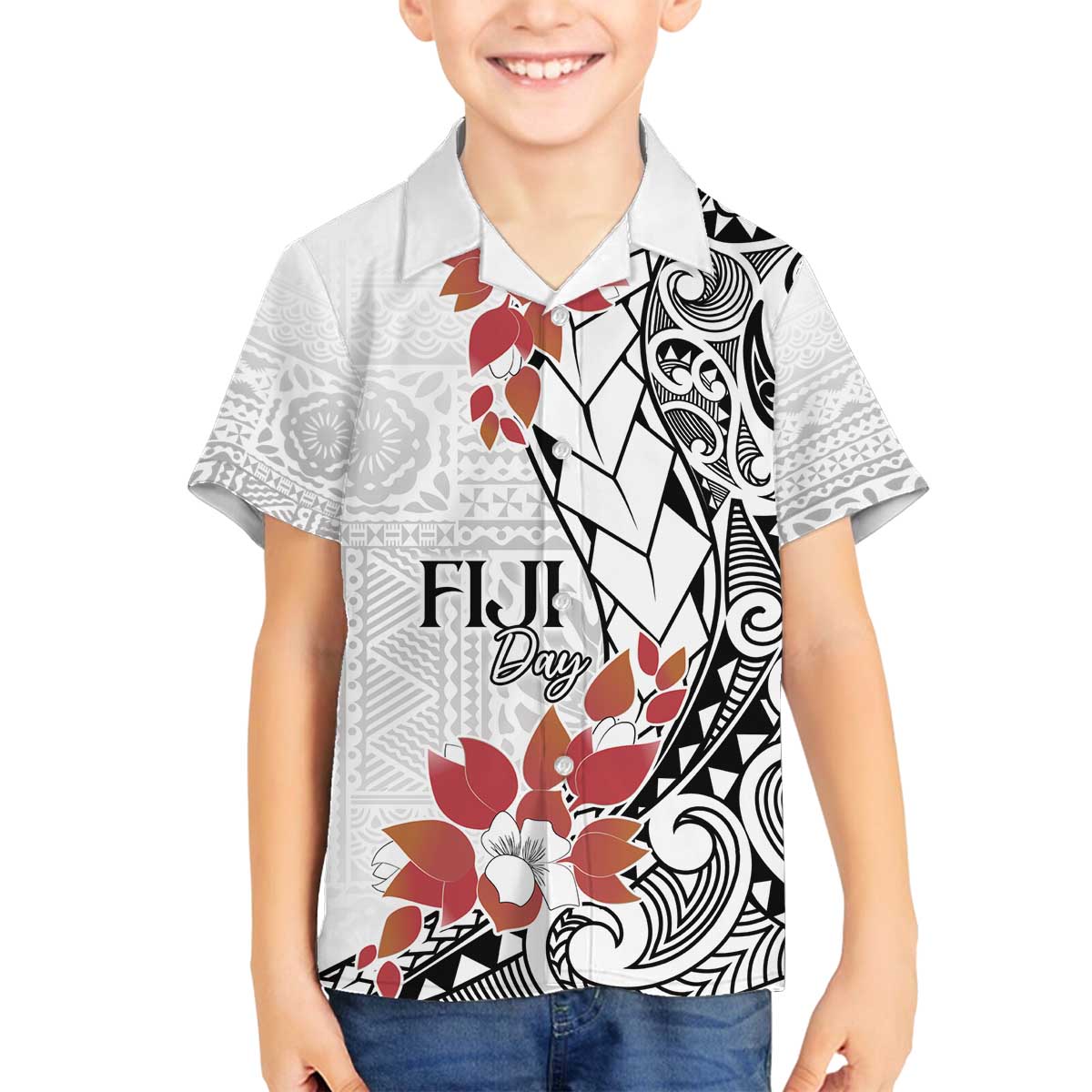 Bula Fiji Day Family Matching Off The Shoulder Long Sleeve Dress and Hawaiian Shirt Tagimaucia on Masi Pattern LT7 Son's Shirt White - Polynesian Pride
