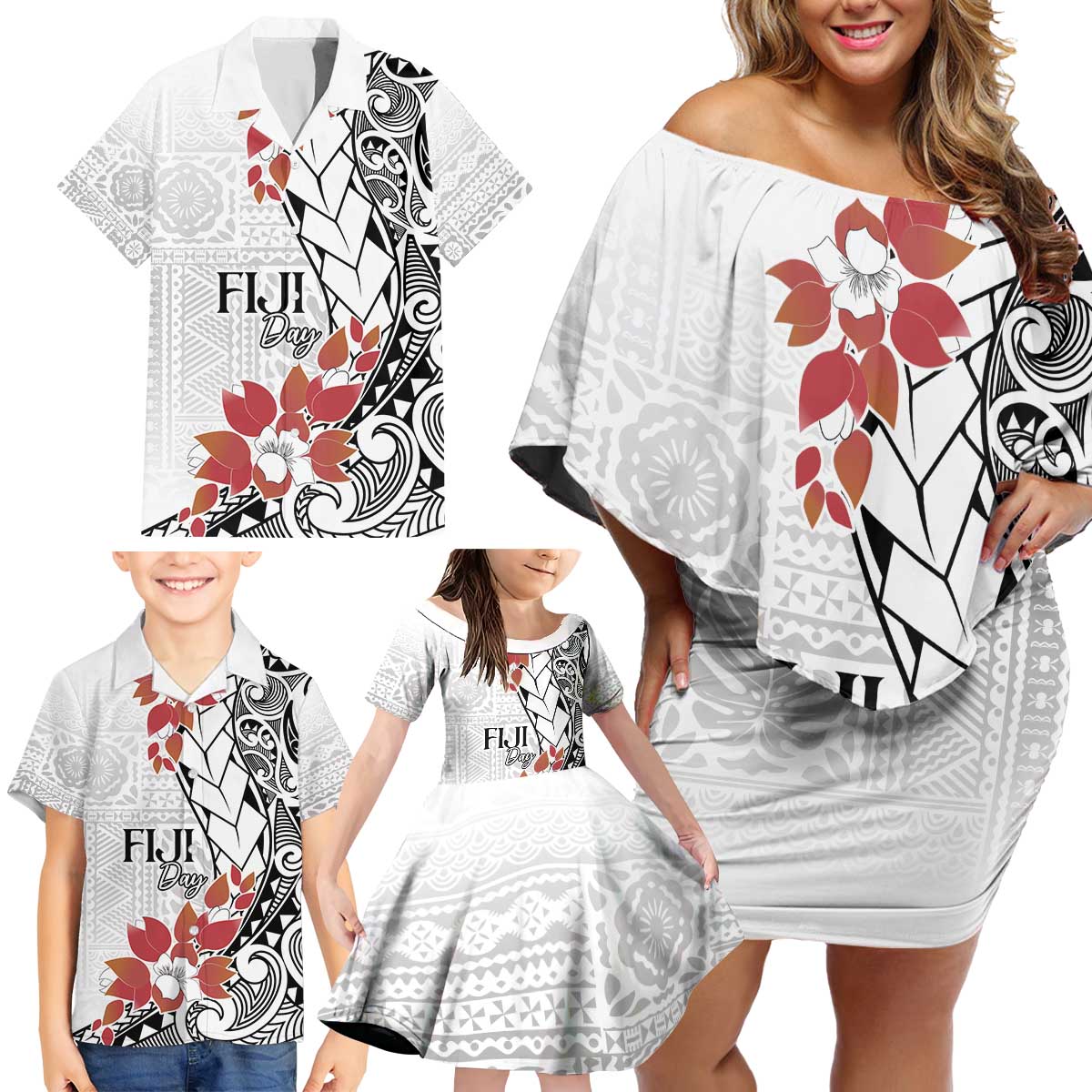 Bula Fiji Day Family Matching Off Shoulder Short Dress and Hawaiian Shirt Tagimaucia on Masi Pattern LT7 - Polynesian Pride
