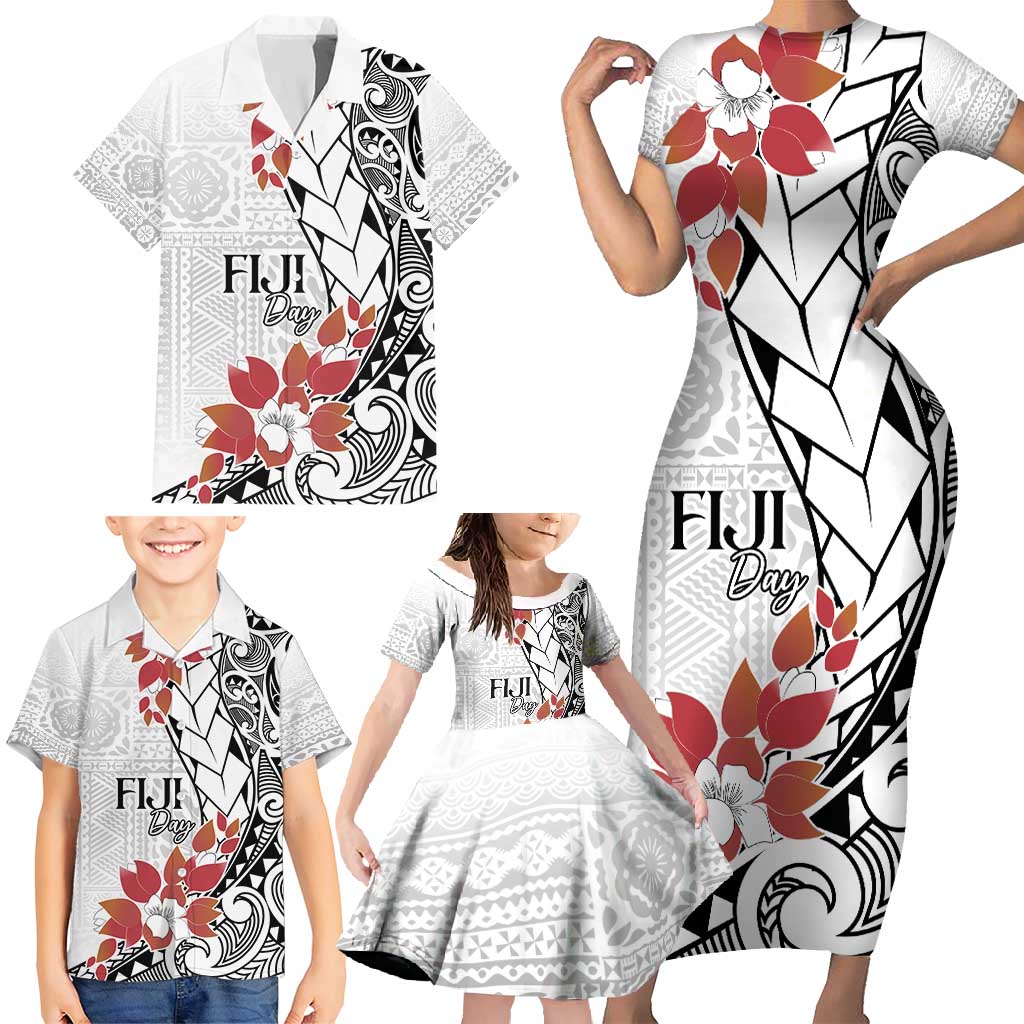 Bula Fiji Day Family Matching Short Sleeve Bodycon Dress and Hawaiian Shirt Tagimaucia on Masi Pattern LT7 - Polynesian Pride