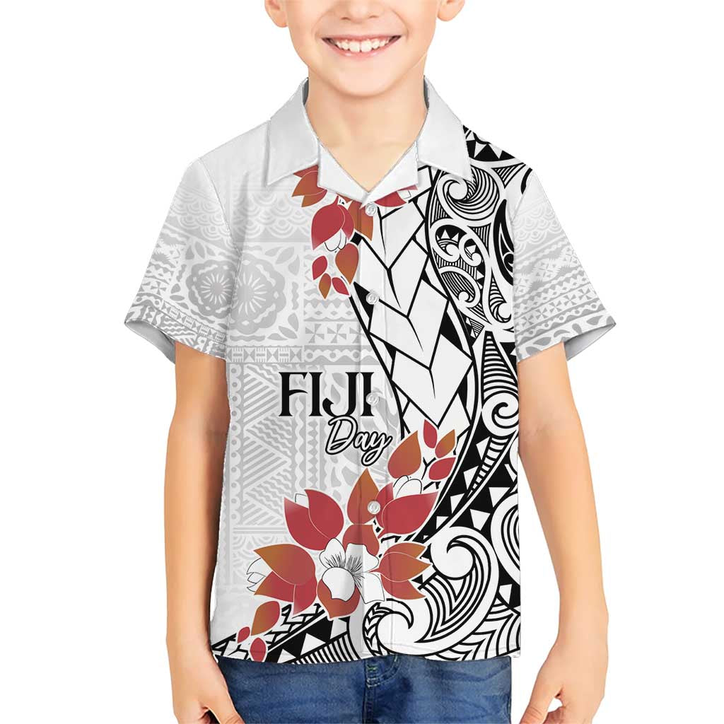 Bula Fiji Day Family Matching Short Sleeve Bodycon Dress and Hawaiian Shirt Tagimaucia on Masi Pattern LT7 Son's Shirt White - Polynesian Pride