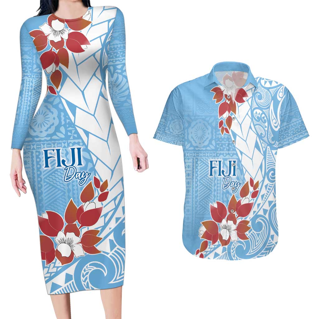 Bula Fiji Day Couples Matching Long Sleeve Bodycon Dress and Hawaiian Shirt Tagimaucia on Masi Pattern - Turquoise LT7 Turquoise - Polynesian Pride