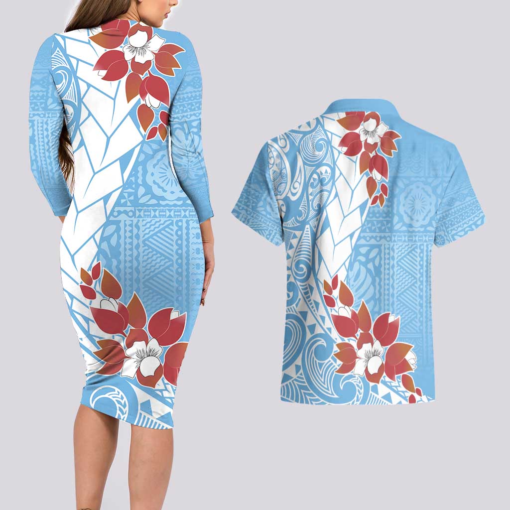 Bula Fiji Day Couples Matching Long Sleeve Bodycon Dress and Hawaiian Shirt Tagimaucia on Masi Pattern - Turquoise LT7 - Polynesian Pride