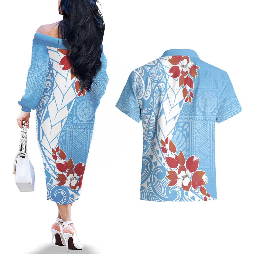 Bula Fiji Day Couples Matching Off The Shoulder Long Sleeve Dress and Hawaiian Shirt Tagimaucia on Masi Pattern - Turquoise LT7 - Polynesian Pride