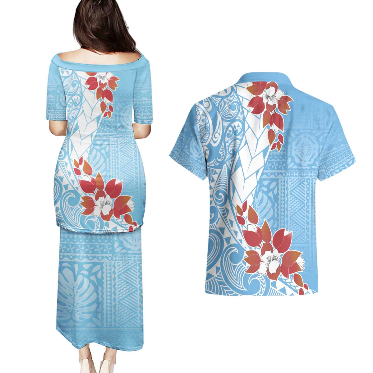 Bula Fiji Day Couples Matching Puletasi and Hawaiian Shirt Tagimaucia on Masi Pattern - Turquoise