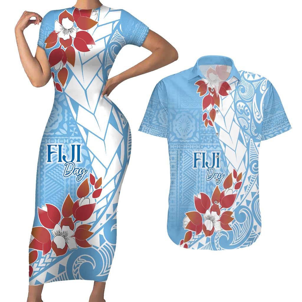 Bula Fiji Day Couples Matching Short Sleeve Bodycon Dress and Hawaiian Shirt Tagimaucia on Masi Pattern - Turquoise LT7 Turquoise - Polynesian Pride