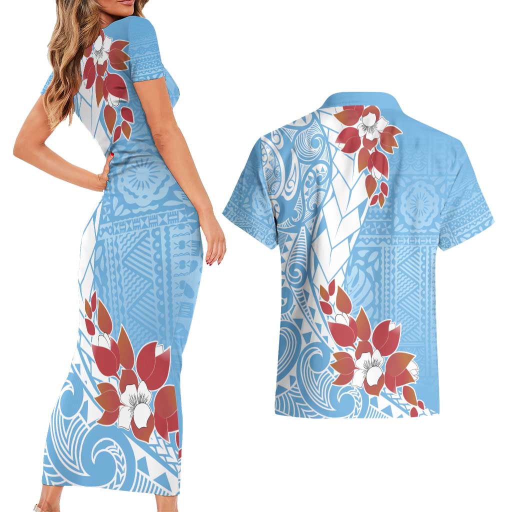 Bula Fiji Day Couples Matching Short Sleeve Bodycon Dress and Hawaiian Shirt Tagimaucia on Masi Pattern - Turquoise LT7 - Polynesian Pride