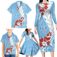 Bula Fiji Day Family Matching Long Sleeve Bodycon Dress and Hawaiian Shirt Tagimaucia on Masi Pattern - Turquoise LT7 - Polynesian Pride