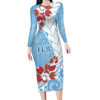 Bula Fiji Day Family Matching Long Sleeve Bodycon Dress and Hawaiian Shirt Tagimaucia on Masi Pattern - Turquoise LT7 Mom's Dress Turquoise - Polynesian Pride